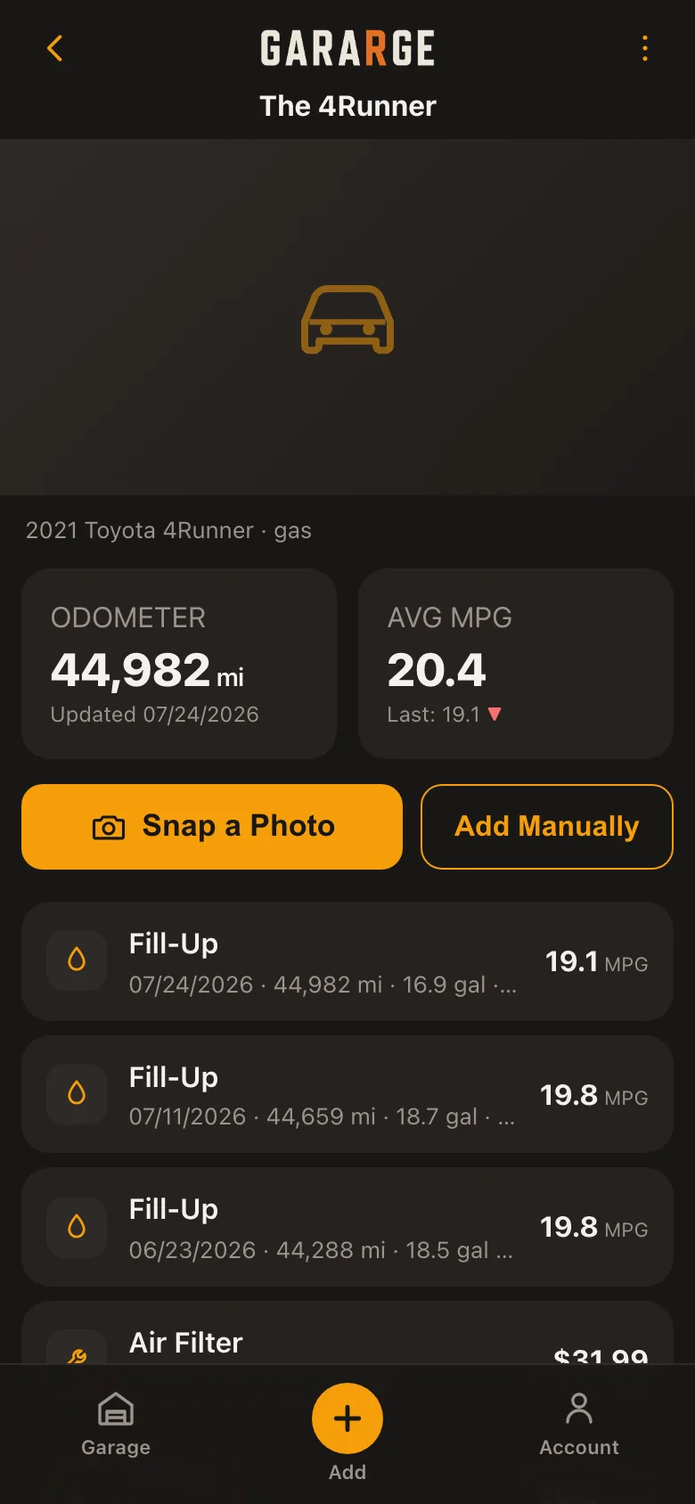 A Gararge vehicle showing 44,982 miles, 20.4 average MPG, and a history of fill-ups and services