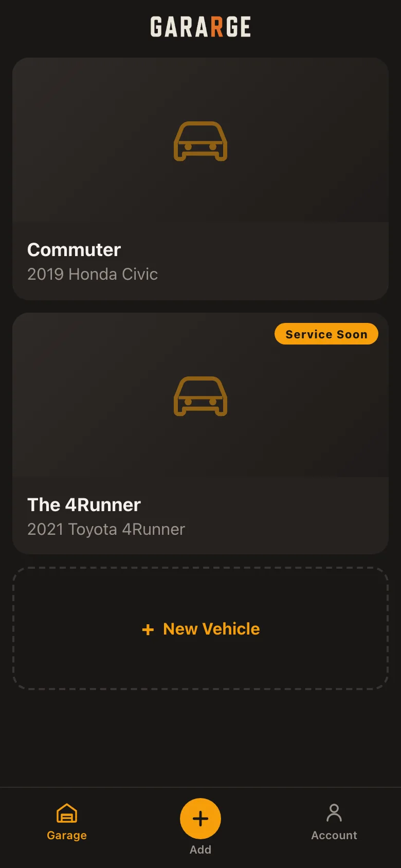 The Gararge garage screen with two vehicles, one flagged Service Soon