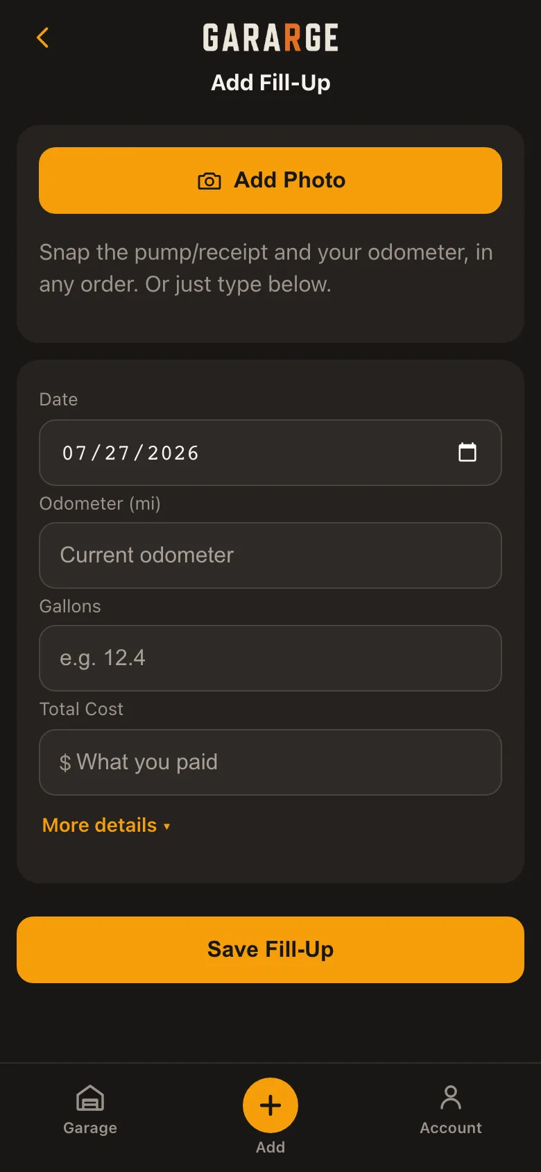 The Add Fill-Up screen in Gararge with an Add Photo button above the fields